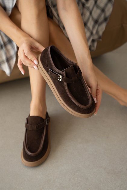 Heston Genuine Leather Thick Sole Adjustable Buckle Detail Short Women's Boots - Brown Suede