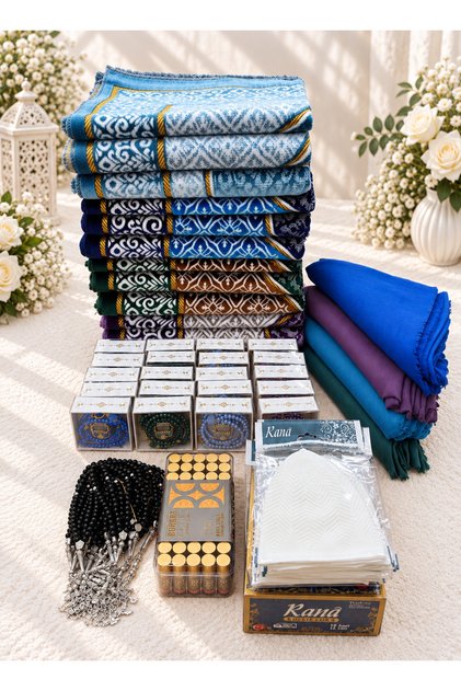 Premium 20 Kişilik Hac Umre Hediyelik Seti 150 Parça Dodya Kadife Seccadeli Ful Set