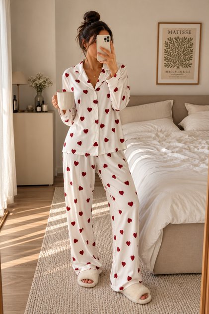 Kadın Beyaz Kırmızı Kalp Desenli Uzun Kollu Düğmeli Pijama Takımı