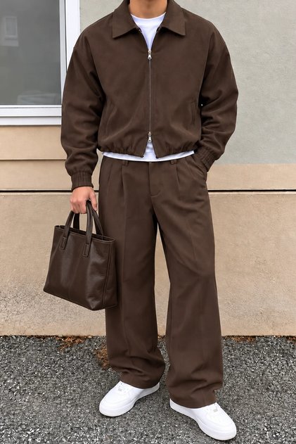 Erkek Oversize Çift Fermuarlı Ceket ve Baggy Pantolon Alt Üst Takım
