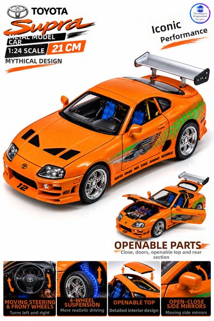 Die Cast Toyota Supra Metal Model Car 21cm – 1:24 Scale, with Stand, Opening Hood Door Rear Section and Targa Roof, Shock Absorbers and Movable Steering Wheel