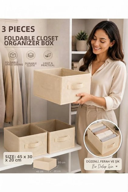 3 Pieces Cream Fabric Foldable Closet Organizer Box 45X30X20 cm | Clothing and Garment Organizer Storage Box