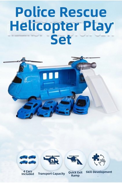 Police Rescue Helicopter Playset 25 cm Transport Helicopter with 4 Cars and Slides Educational Toy