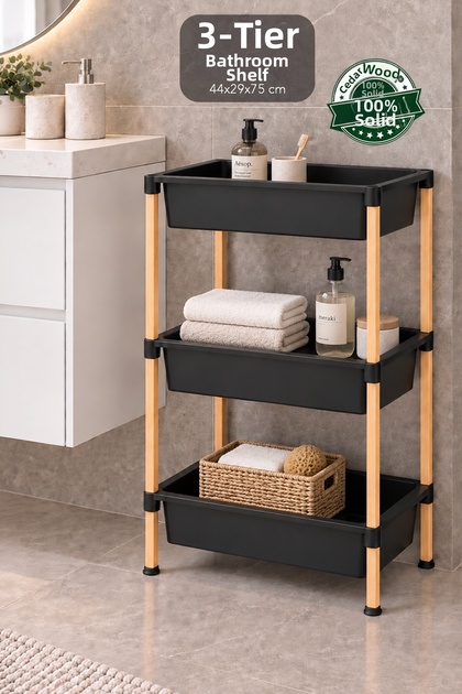 Decorative Wooden Bathroom Organizer - 3-Tier Multi-Purpose Towel Detergent Makeup Organizer Detachable Shelf