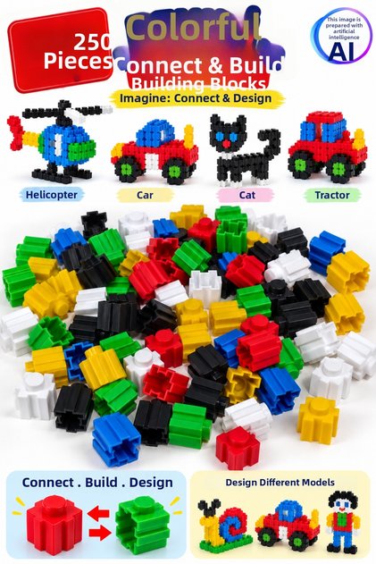 250 Pieces Colorful Building Blocks – Build and Design, Educational Creative Block Toy Set