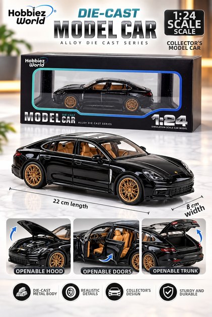 1:24 Panamera Street Edition Metal Diecast Model Car 22cm Openable Door Hood and Trunk Black Porsche