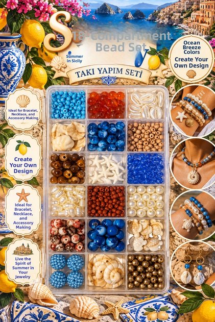 Summer in Sicily 18 Compartment Jewelry Making Set – Seashell, Pearl, and Mixed Beads Necklace Bracelet Design Kit 🐚 🍋 🌊 ✨