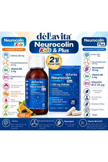 Dèllavita Neurocolin Kids & Plus Silycolin Set – 150 ml Kids + 500 Mg Silycolin 30 Capsules | 2-Pack Deal