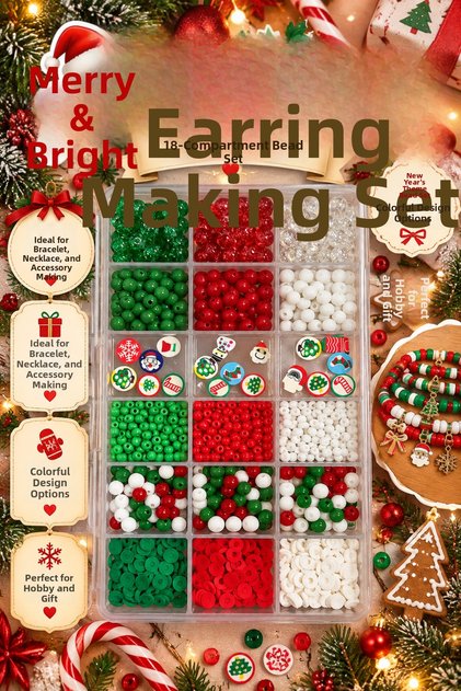 Merry & Bright 18-Compartment Christmas Themed Jewelry Making Set – Bead & Figured Bracelet Necklace Making Hobby Set 🎄 ❤️ 💚