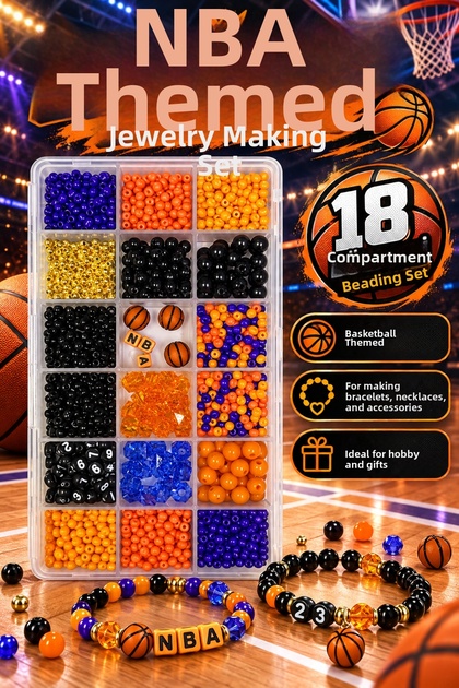 Nba Themed 18-Compartment Jewelry Making Set – Basketball Figure, Letter Number, and Colorful Beads Bracelet Necklace Design Kit 🏀 🧡 💜 🖤