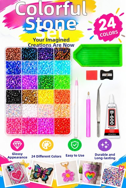 24-Color Bedazzle Stone Set Hobby Material, Pen, Glue, Tweezers, Tray,