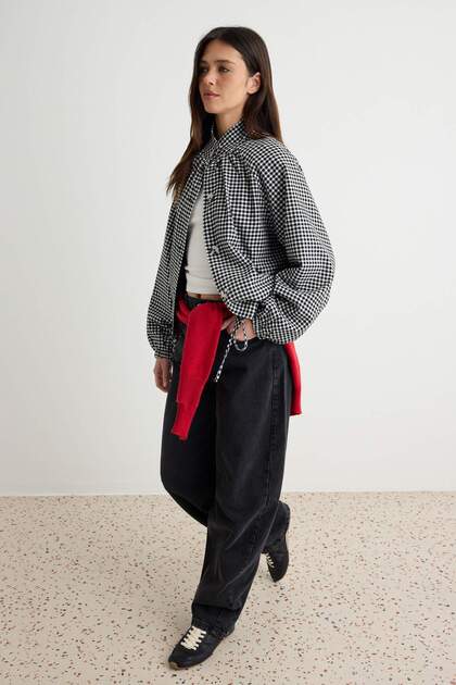Black Plaid Oversize Seasonal Jacket Coat Twoaw27Mo00147