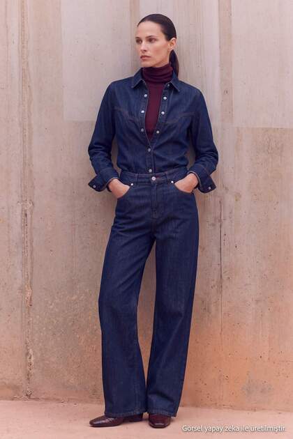 Trendyol Studio Koyu Mavi Dikiş Detaylı Yüksek Bel Wide Leg Jeans TWOAW27JE00237