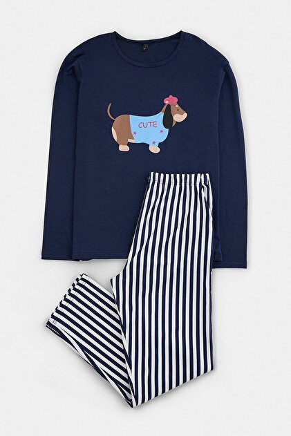 Lacivert Regular Köpek Baskılı Çizgili Örme Pijama Takımı TMNAW27PT00061