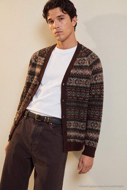 Brown Slim Fit Wool V-Neck Jacquard Knitwear Cardigan Tmnaw20Hi0029