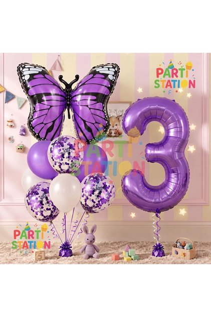 Mor Kelebek Konsept 3 Yaş Balon Set Butterfly Kelebek Mor Rakam Balon Parti Doğum Günü Balon Set