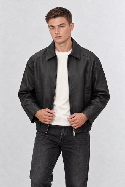 Oversized Loose Fit Plain Men's Leather Jacket