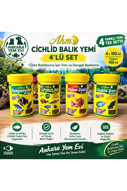Cichlid Ciklet Balık Yemi 4’lü Set 100 ml x 4 | Tanganyika Spirulina Malawi Color Cichlid Green