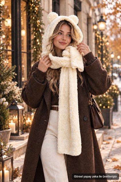 Pabtex Kapşonlu Welsoft Peluş Bere - Atkılı - Polar Boyunluk Şalı - Rüzgar Geçirmez Kulaklı Şapka