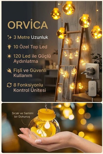 Dekoratif Işıklı Top Perde Led Fişli 8 Fonksiyonlu Günışığı 3 Metre 10 Top Ampul
