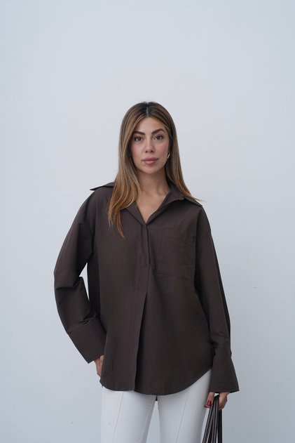 Oversize Poplin Gömlek Tek Cepli Geniş Kesim Uzun Kol Bluz Kadın Trend Modern Stil Klasik Gömlek