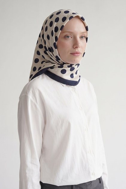Polka Dot Twill Silk Scarf Navy Blue - Ecru
