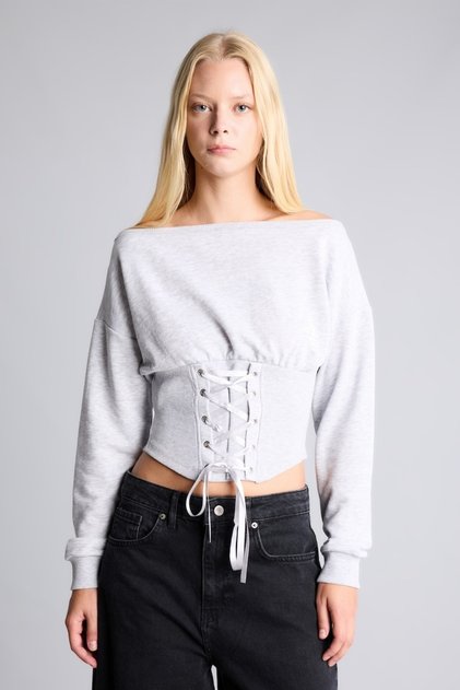 Slim Fit Kayık Yaka Korse Detaylı Crop Basic Sweatshirt I4984AX26AU