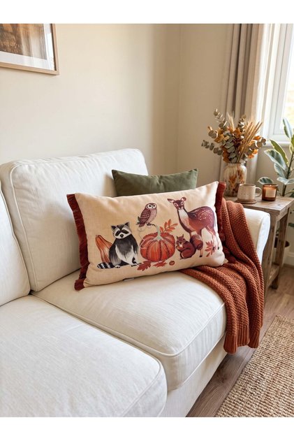 Autumn Animals Design Fringed Throw Pillow Cover 3D Punch Embroidery Effect Digital Printed 55X35Cm