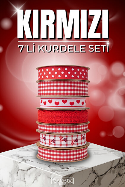 Red Themed 7-Piece Woven Ribbon Set – Plaid, Heart, Polka Dot, Lace, and Floral Gift Wrapping & Hobby Decoration Ribbon