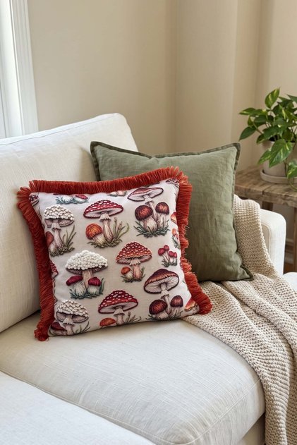 Autumn Mushrooms Pattern Fringed Throw Pillow Cover 3D Punch Embroidery Effect Digital Printed 43X43Cm