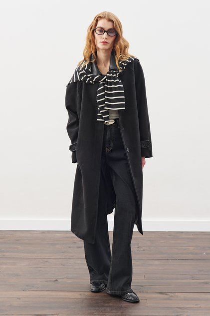 Leather Detail Coat Black