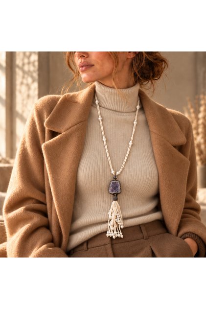 Kly-1069 Amethyst Natural Stone Pearl Tassel Long Necklace | Eos Collective