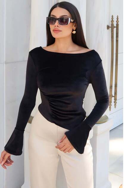 Velvet Fabric Spanish Sleeve Blouse - Black