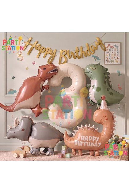 Retro Dinosaur Concept Age 3 - 6 Piece Extra Large Birthday Balloon Set - Party Decoration Set with Pastel Foil Number and Dinosaur Balloons