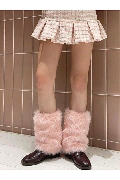 Pembe Renk Peluş Kürk Tozluk Uzun Tüylü Standart Beden 28 Cm Bacak Isıtıcı