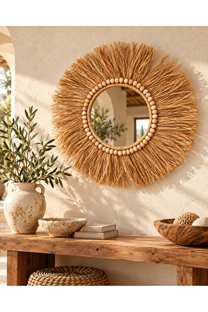 Dekoratif Aynalı Rafya Duvar Süsü Bohemian Style Boncuk Detaylı Ayna 45 Cm