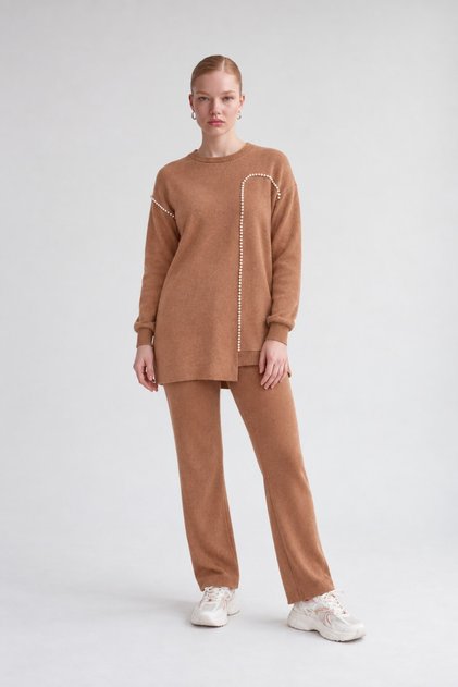 Striped Pearl Cashmere Double Set Camel
