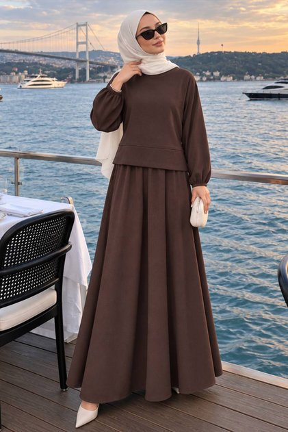 Oysho Fabric Brown Hijab Skirt Set with Stitching Detail 3011Kh