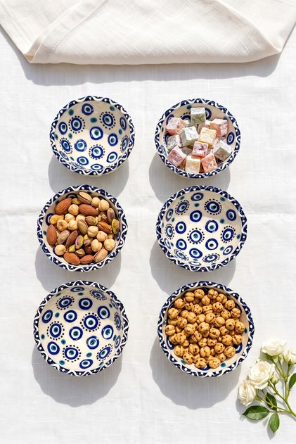 Nazar Boncuk 6-Piece Ceramic Handmade Bowl Set (Snack Bowl, Sauce Bowl)
