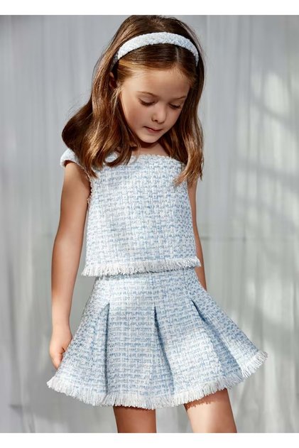 Girl's Top and Skirt Set White-Blue
