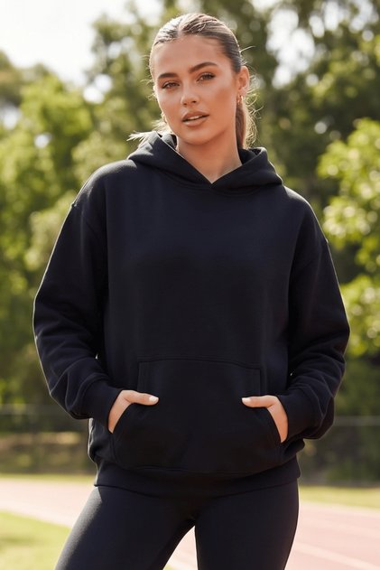 Siyah Relaxed Fit Unisex Hoodie %100 Pamuk Kapüşonlu Kanguru Cepli Düz Renk Sweatshirt