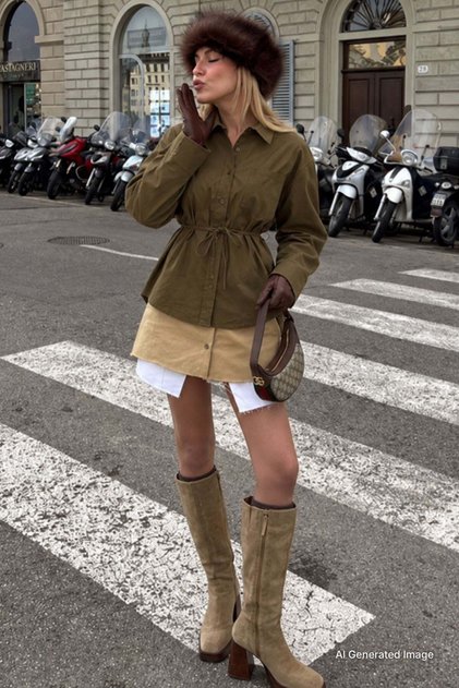 Khaki Waist-Tied Oversize Pocketed Shirt Mg2798