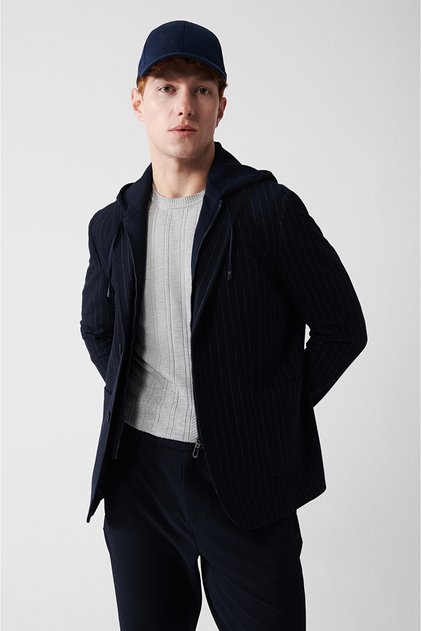Men's Navy Blue Mono Collar Hooded Jacket A32y4019