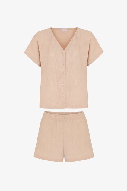 Pastel Bej Ella Muslin Kısa Kollu Şort Pijama Takımı