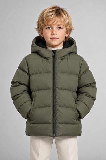 Boy's Khaki Fleece Fur Hooded Waterproof Wind Resistant Inflatable Winter Coat