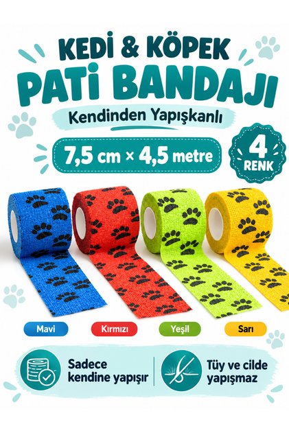 Kendinden Yapışkanlı Kedi & Köpek Pati Bandajı – Ayak Koruyucu Ayakkabısı 7,5 Cm x 4,5 Metre 4 RENK