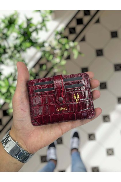 8600 Hakiki Deri Çıtçıtlı Kartlık Akordeon Kimlik Bölmeli Kişiye Özel Bay Çanta Bordo CROCO
