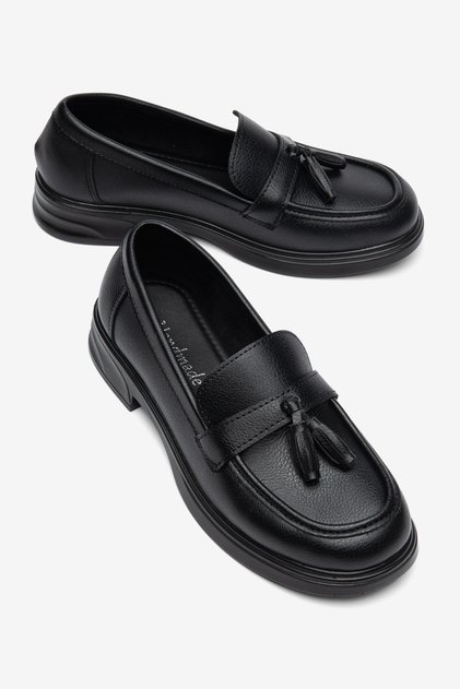 Women's Black Leather Handmade Tassel Loafers - Premium Masculine Classic Shoes