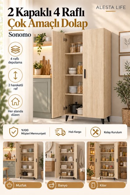 2 Kapaklı 4 Raflı Mutfak Dolabı | Banyo Dolabı | Kiler Dolabı - Sonomo