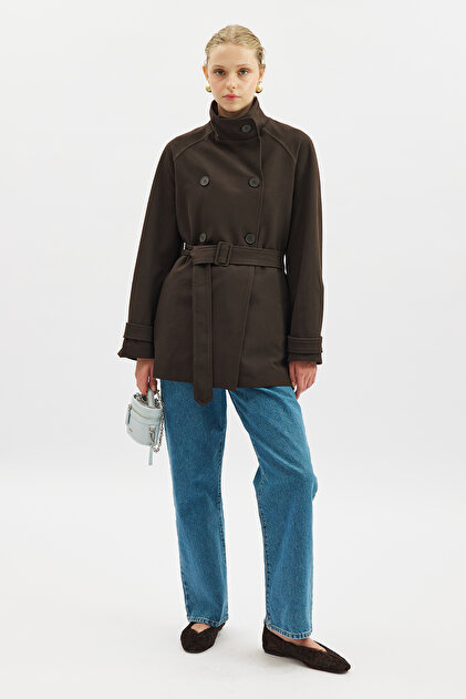 High Collar Belt Piece Trench Coat Dark Brown